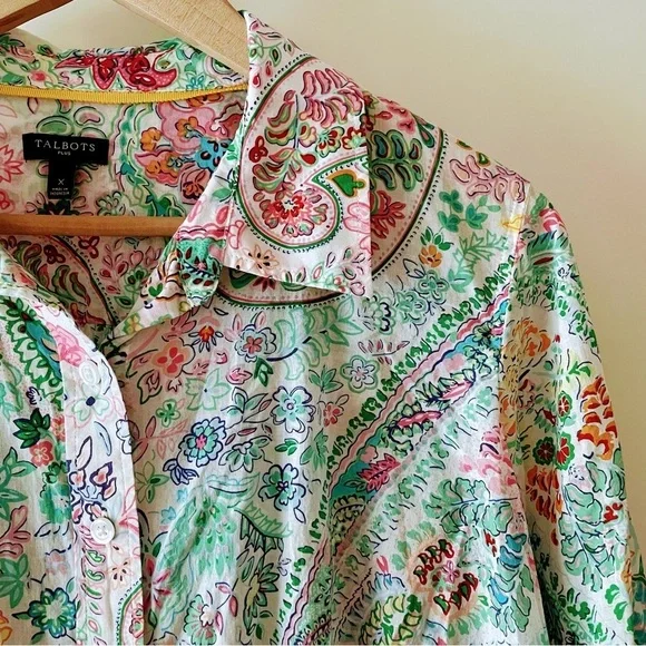 Talbots Pink & Green Paisley Floral Button Down Collared Cotton Shirt Size X - Picture 1 of 14